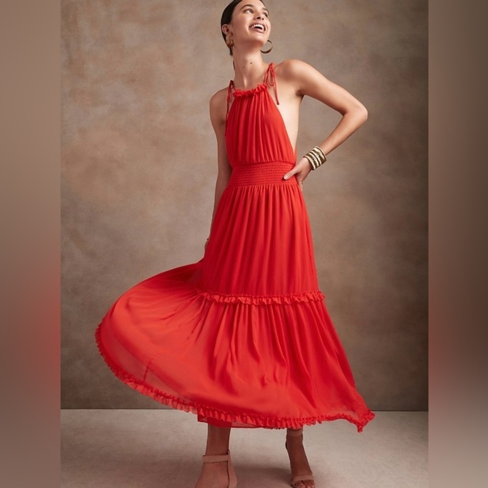 NWT Banana Republic Red Ruffle Georgette Tiered Halter Maxi Dress SIZE S